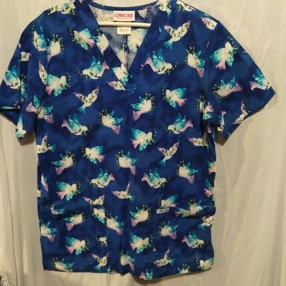 Cherokee  Scrub Top Size S Short Sleeve Blue With Birds V Neck Pockets
